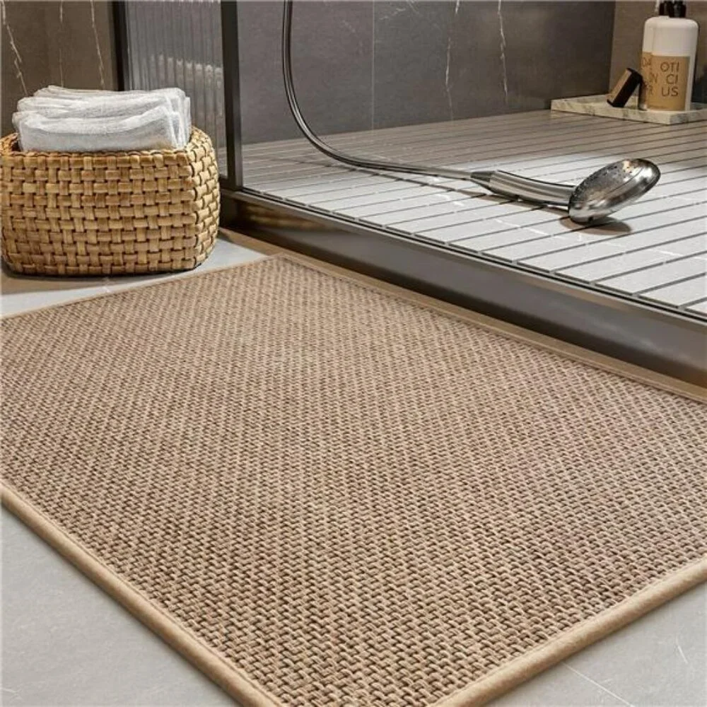 Beige non slip bath mat absorbent quick dry washable bathroom rug thin floor mat